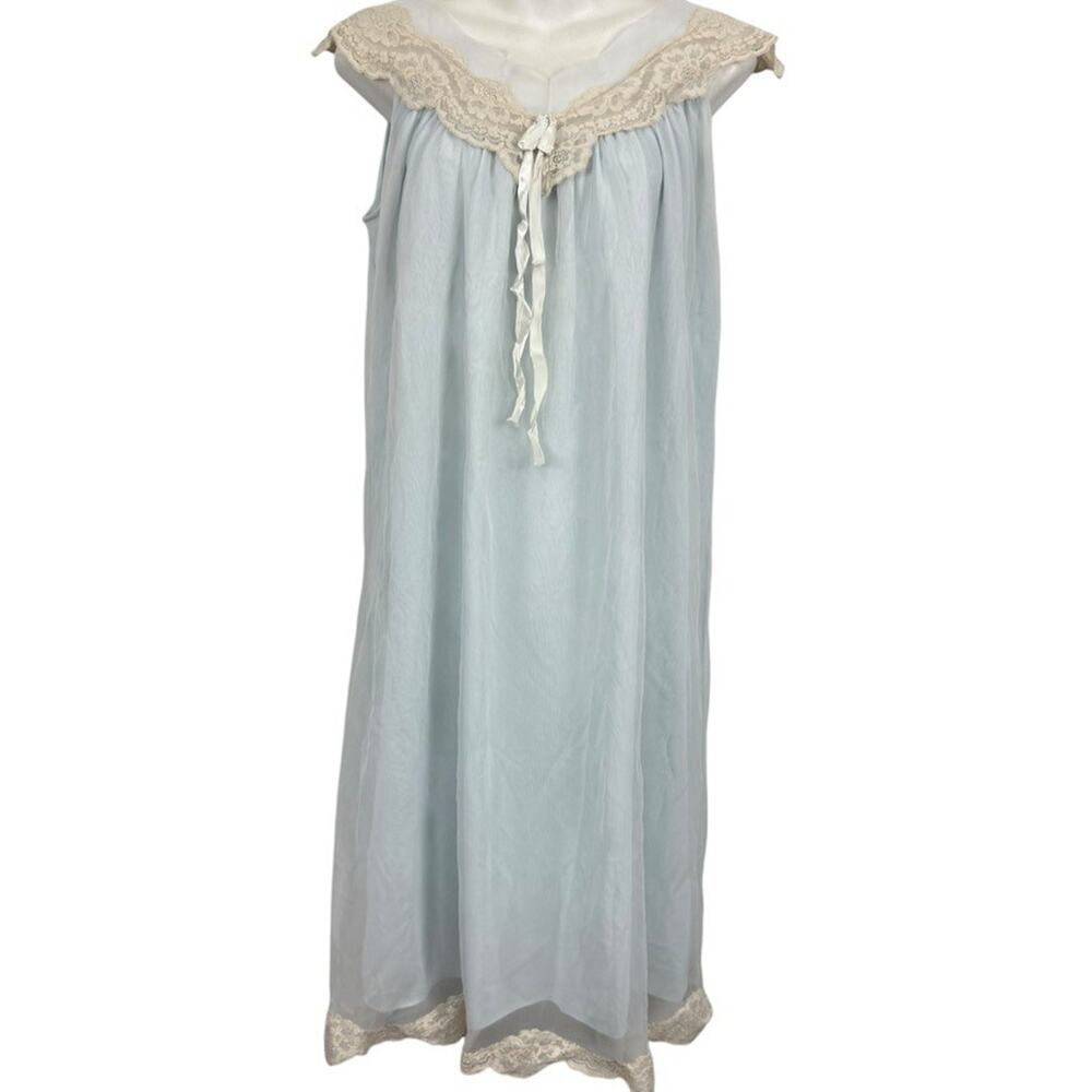 Snowdon Womens Vintage Blue Lace Chiffon Nightown Sleepwear Dress Lingerie sz M